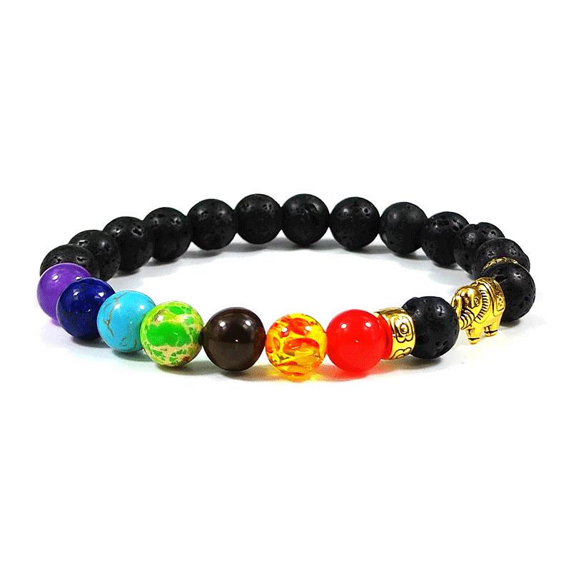 Colorful Volcanic Lava Stone & Elephant Beaded Bracelet – Yoga Hand Accessory for Men and Women