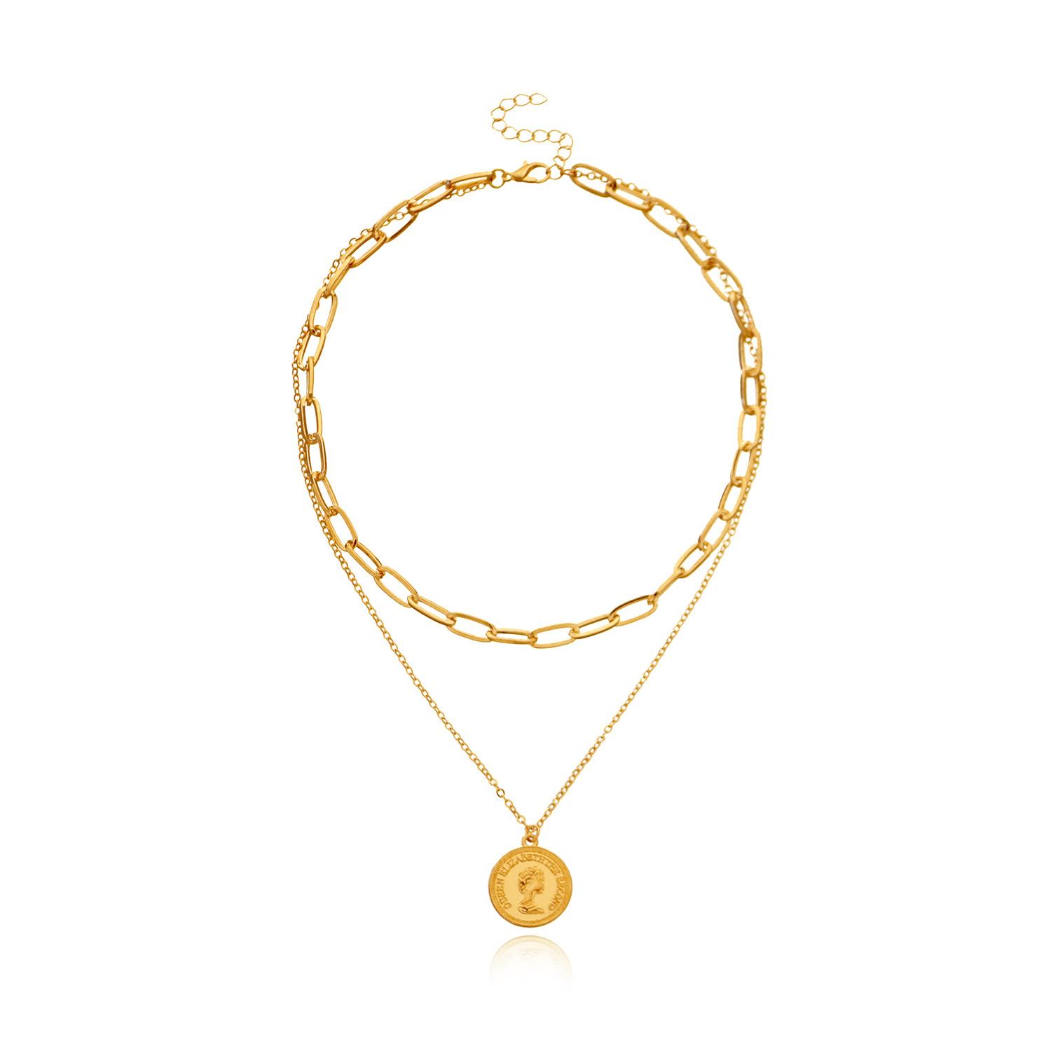 European and American jewelry, fashion geometric chains, double-layer necklaces, women, punk street beauties, avatar round sign necklace. золотой