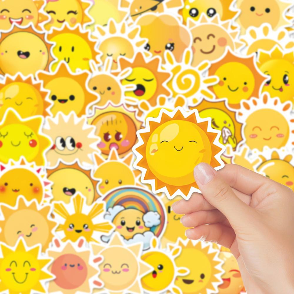 50 Cartoon Sun Expression Stickers: Waterproof Decorative Set for Scrapbooking, Notebooks, and Luggage