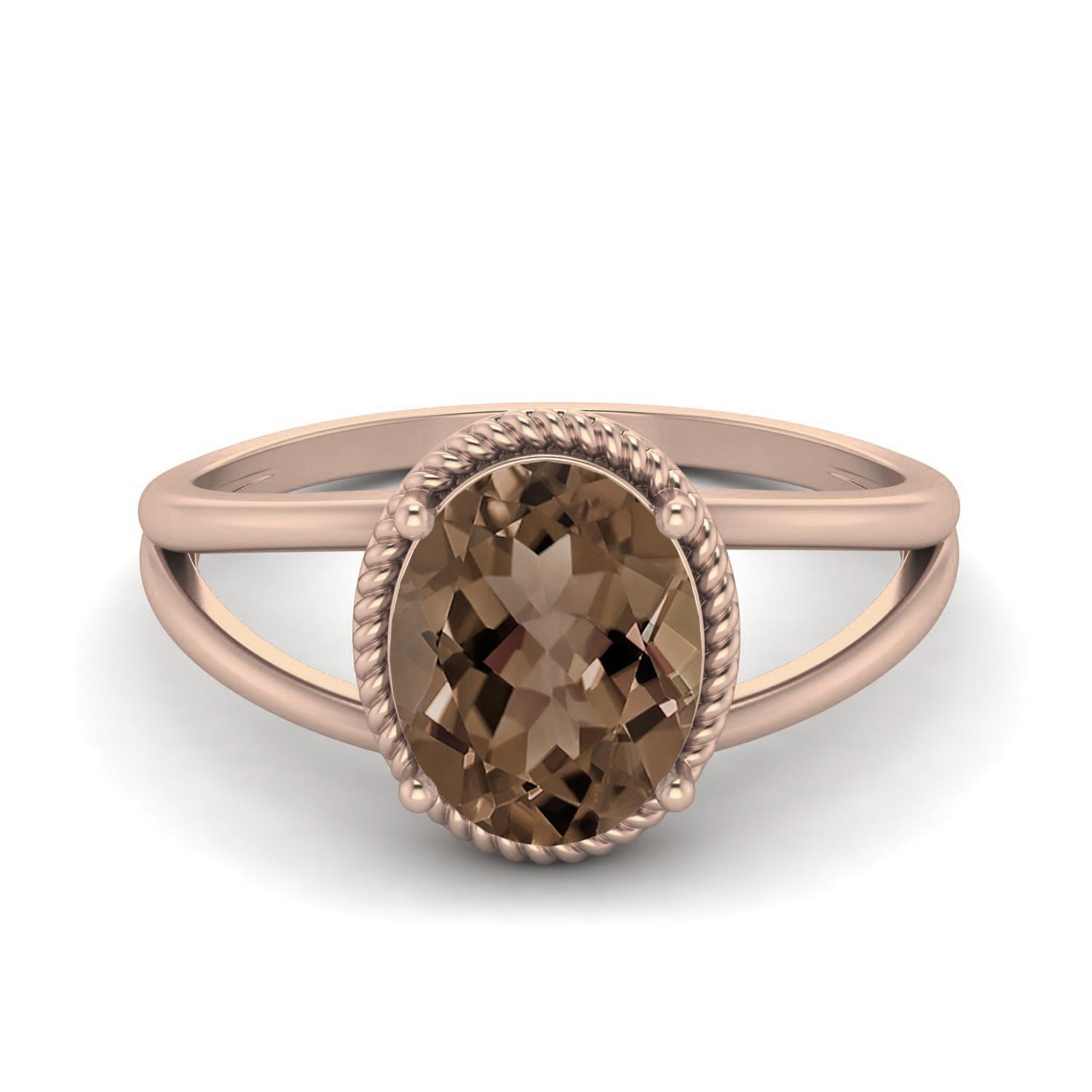 9X7MM Oval Smoky Quartz 925 Sterling Silver Rose Vermeil Solitaire Split Shank Women Wedding Ring 6