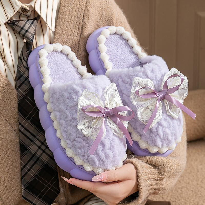 Bow cotton slippers women's autumn and winter indoor home thick bottom non-slip warm advanced hair plush confinement cotton mop