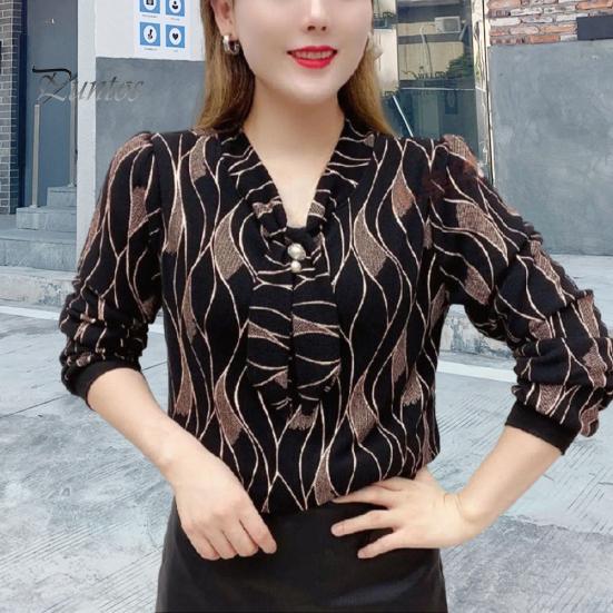 Women Tie Shirt V-neck Long Sleeve Pullover Tops Printing Faux Pearl Loose Fit Blouse Plus Size Streetwear