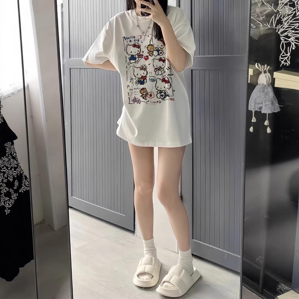 Pure cotton white short-sleeve T-shirt for women, American summer loose plus-size Hello Kitty cartoon versatile short-sleeve top