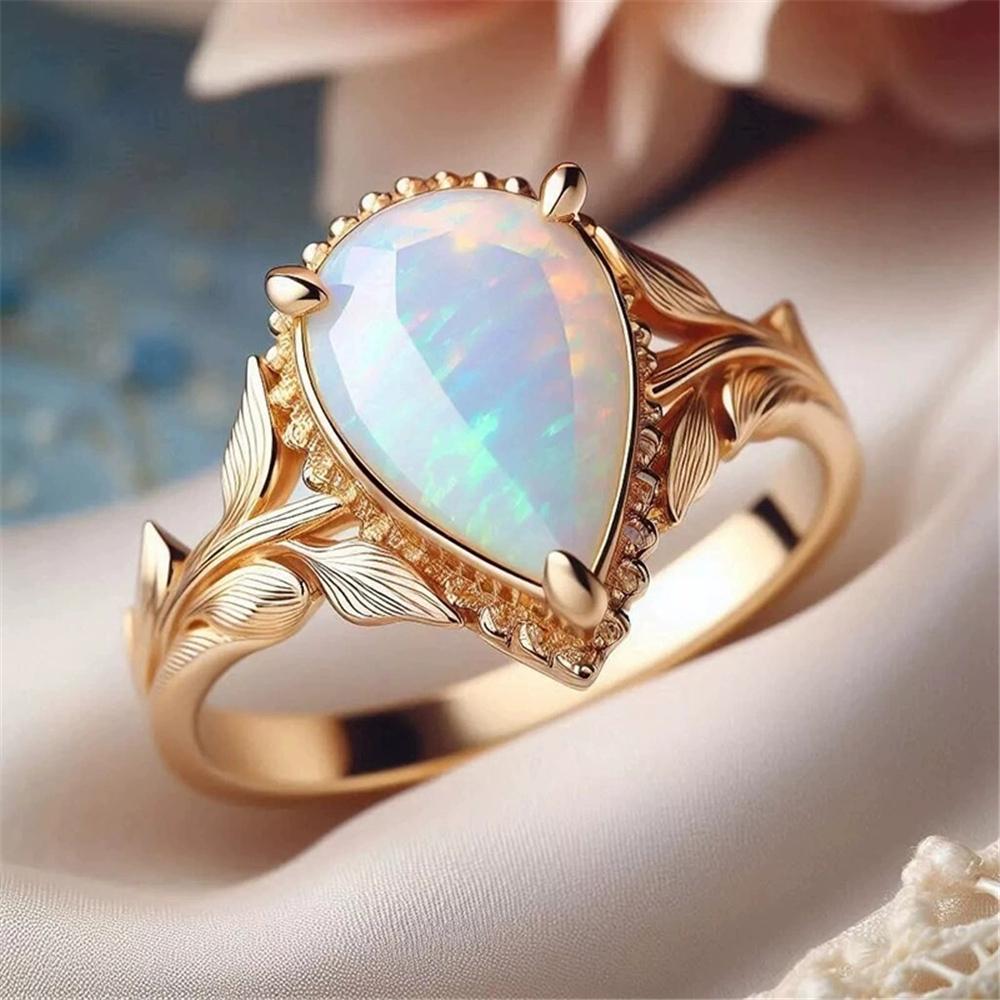 Białe Pierścionki z Kamieniem Opalu Ognistego w Kształcie Kropli Wody Dla Kobiet Kolor Złoty Zaręczynowe Ślubne
