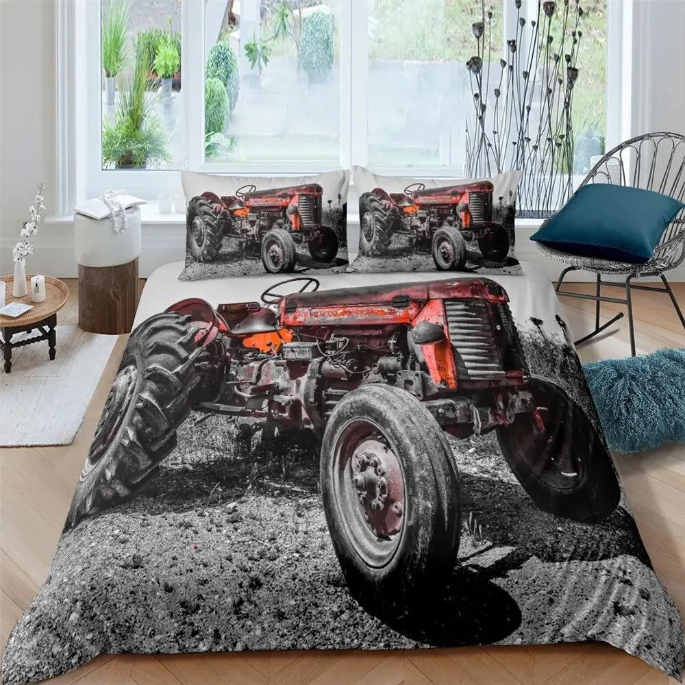 Retro Tractor King Queen Duvet Cover Automotive Bedding Set Engineering Vehicle Quilt Cover Farm Tool Cart 3D Polyester Quilt Cover