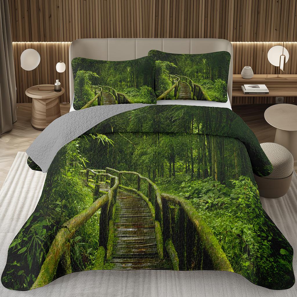 Forest Bedspread King/Full Magical Woodland Jungle Coverlet Set Dreamy Misty Scene Quilted Bedding Set Reversible Grey Bed Cover