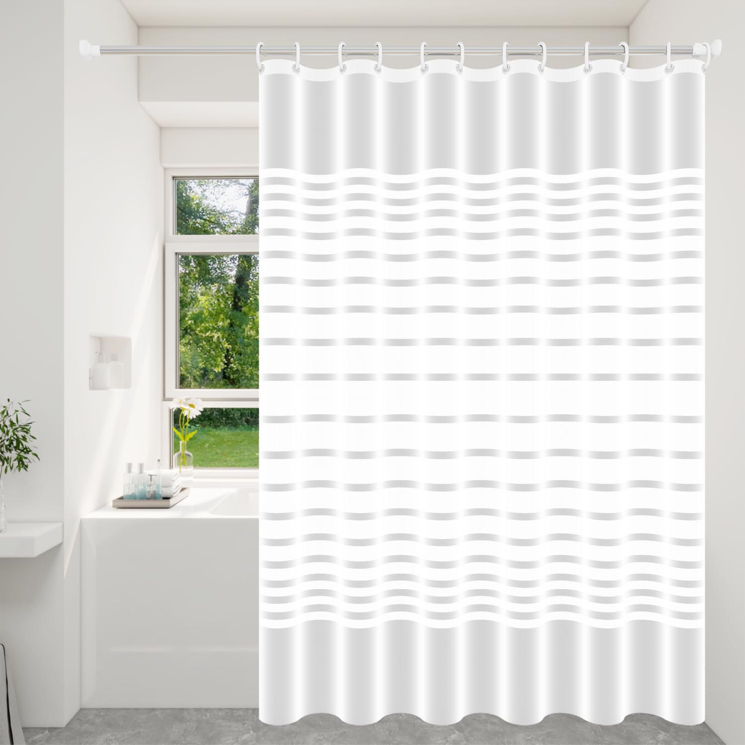

1Pc White Horizontal Stripe Shower Curtain Modern Minimalist Bath Decor, Luxurry Waterproof Peva W60H190(CM)-1 Pcs