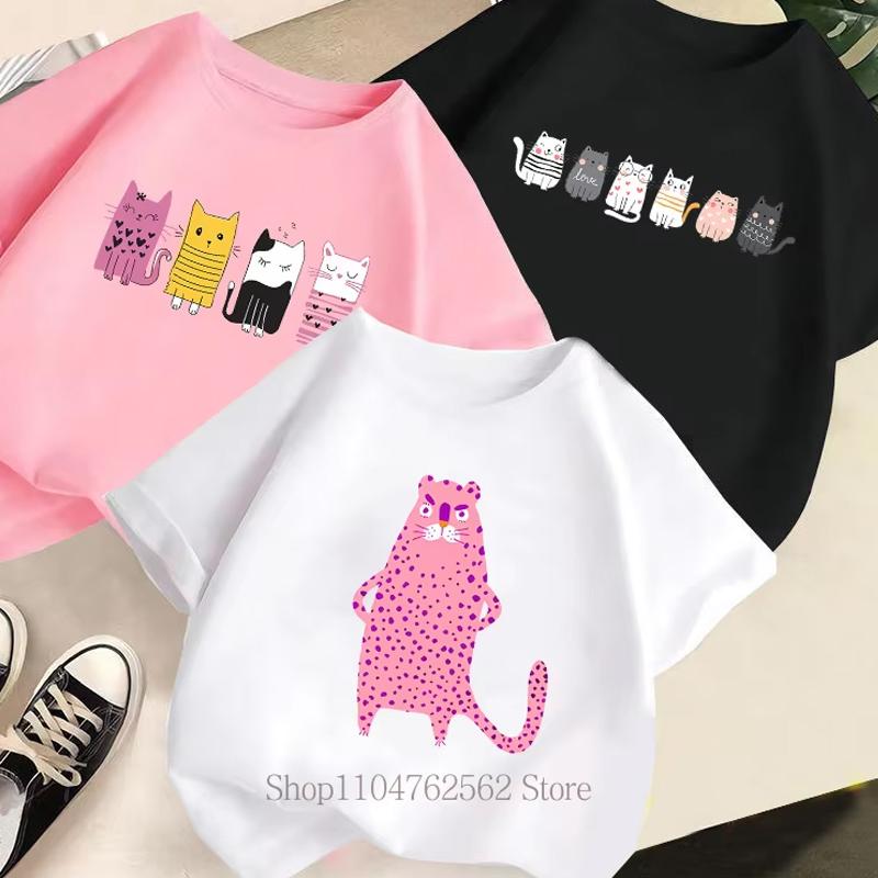 Cute Cat Print Children T-shirts Summer Girls Boys Casual Fashion Kawaii Short Sleeve Tops O-Neck Colorful Kids T-shirts