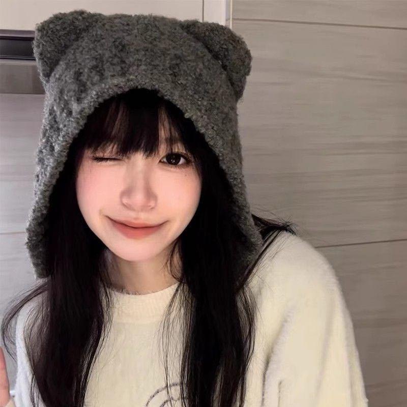 Cute color matching teddy velvet bear ears straps women's winter warm ear protectors knitted wool hat