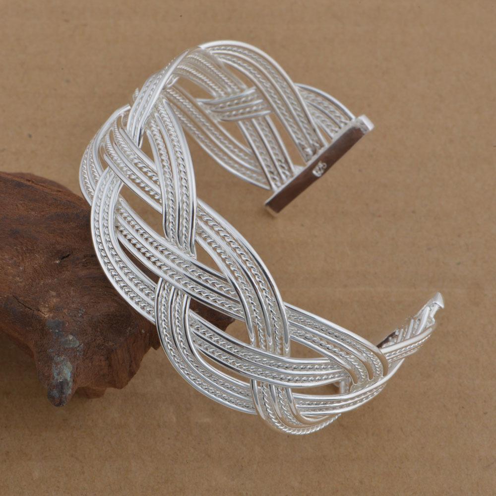 Women Vintage Woven Bracelet Silver Plated Copper Bangle Girls Ethnic Style Wristband Wrist Jewelry