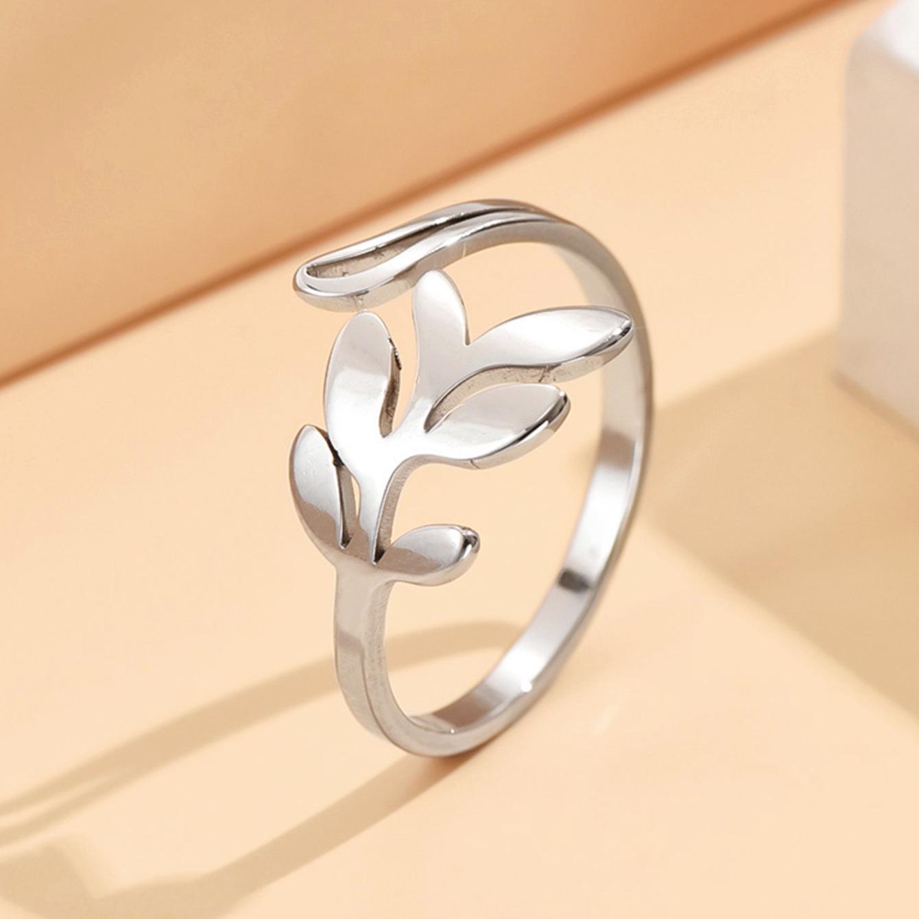 Elegant Adjustable Mori Style Leaf Ring for Girls - Fashionable Stainless Steel Design