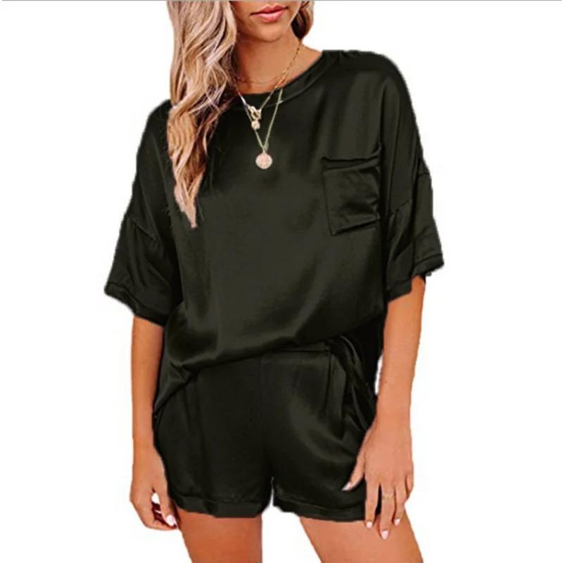 Women's Clothing Solid Color Imitation Silk Pajamas Short-Sleeved Shorts Irregular Two-Piece Suit Solid Color Homewear Set