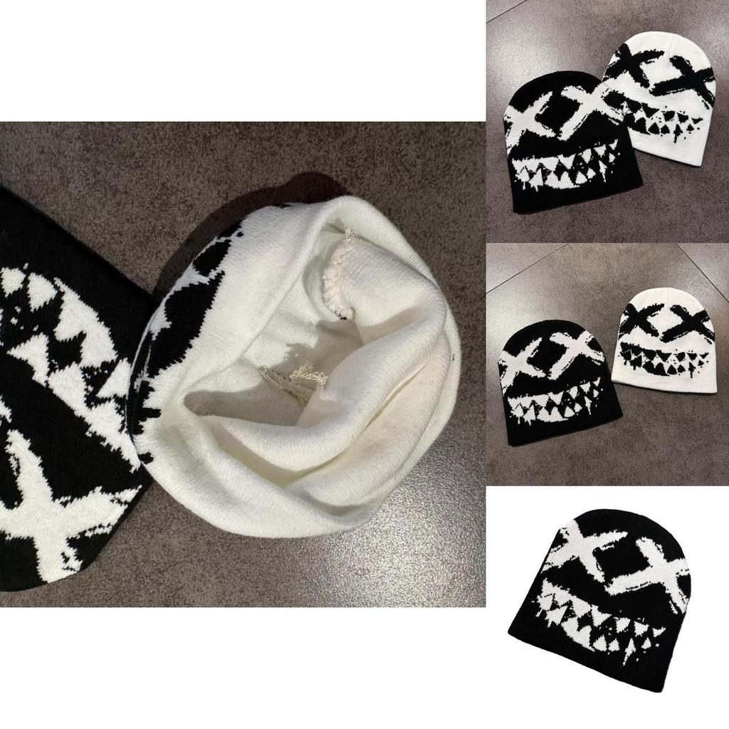 Halloween Knit Beanie With Funny Ghost Teeth Pattern For Cosplay And Party Costumes