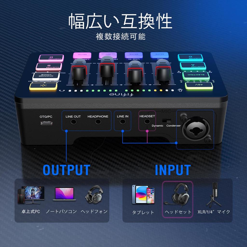 FIFINE AmpliGame SC3 Gaming Audio Mixer, Audio Interface for PS5 and PS4, Podcasting, RGB Control, Voice Changer Buttons, Custom Sound Effects,