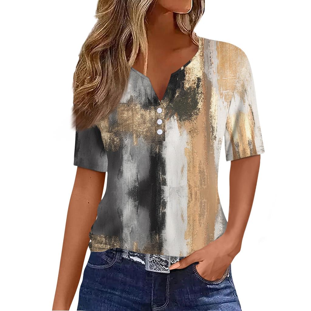Damen-T-Shirt, T-Shirt, bedruckt, Knopfleiste, kurzärmelig, für den Alltag, Wochenende, modisch, Basic, V-Ausschnitt, normales Oberteil