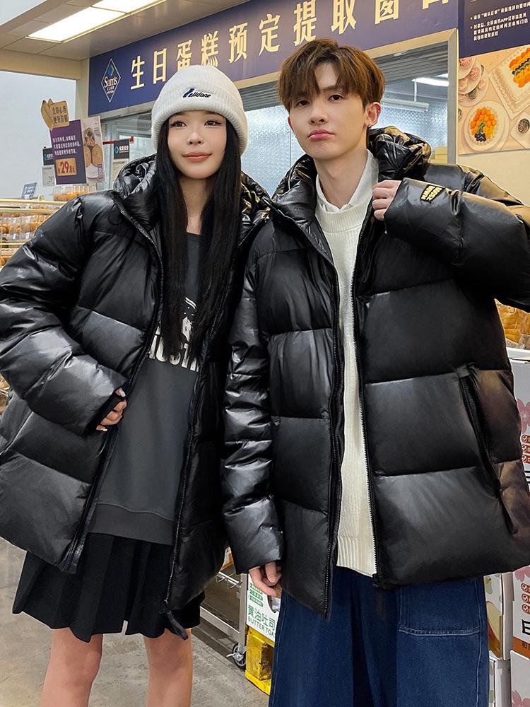 Unisex Black & Gold Winter Down Jacket with Velvet Lining, Thickened White Goose Down, Short Style