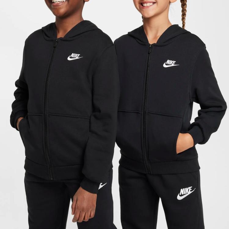 Nike Embroidered Logo Zip-Up Hooded Jacket Kids Outerwear Black FD3017-010