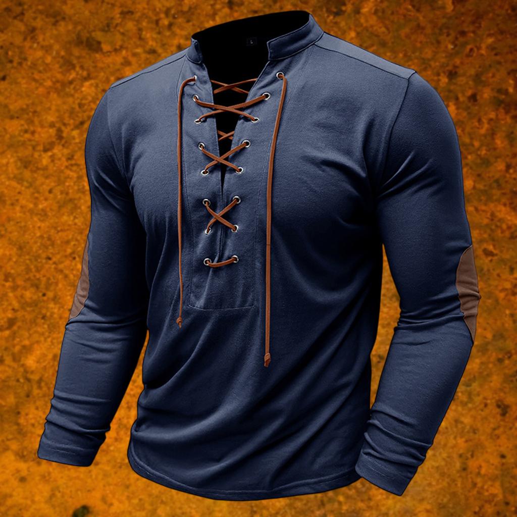 Men's Vintage Outdoor Sports Long Sleeve Top Lace-Up Stand Collar Shirt