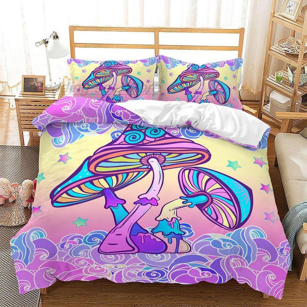 Psychedelic Mushroom Duvet Cover Boho Exotic Cartoon Gradient Mushroom Bedding Set Nature Fungus Comforter Cover for Boys Girls