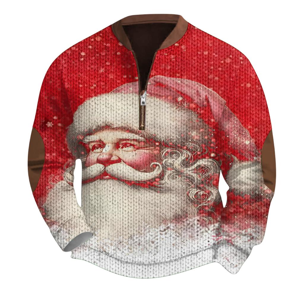 Mens Christmas Sweater Zip Up Sweatshirts Vintage Knit Graphic Sweatshirt Xmas Stand Collar Pullover