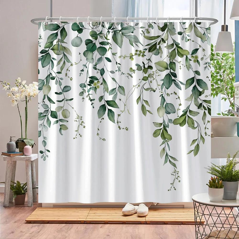 Autumn Eucalyptus Leaves Watercolour Shower Curtain Sagging Yellow Leaves Thanksgiving Gift Fabric Shower Curtain Bathroom Decor