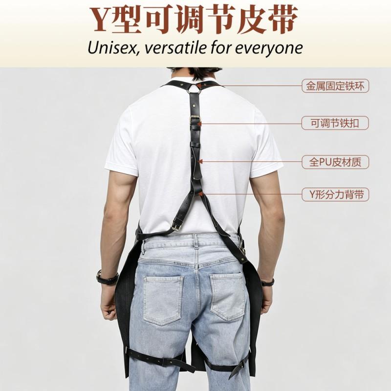Unisex PU Leather Work Apron Waterproof Multi-Pocket Barista Chef Cafe