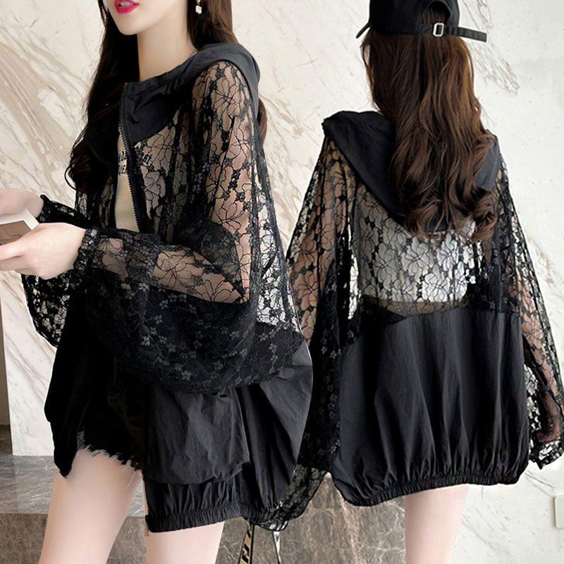 

Lace Stitching Sunscreen Coat Female Fashion Summer Women s Jacket Loose Casual Hooded Outerwear Sun Protection Clothing 3XL чорний
