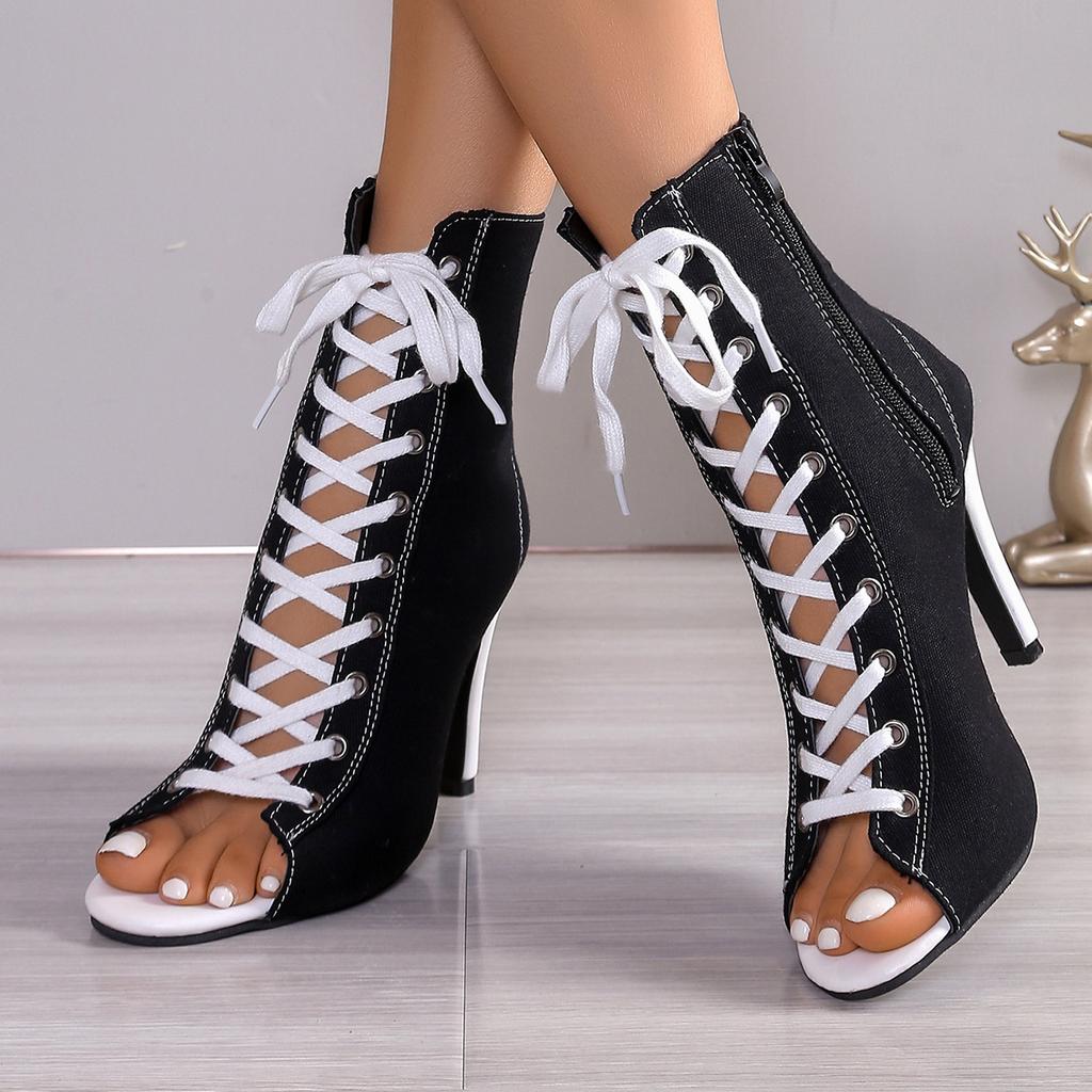 European and American foreign trade thin heel hollow fish mouth sandals women's high heel lace-up breathable fashion short boots wish2025