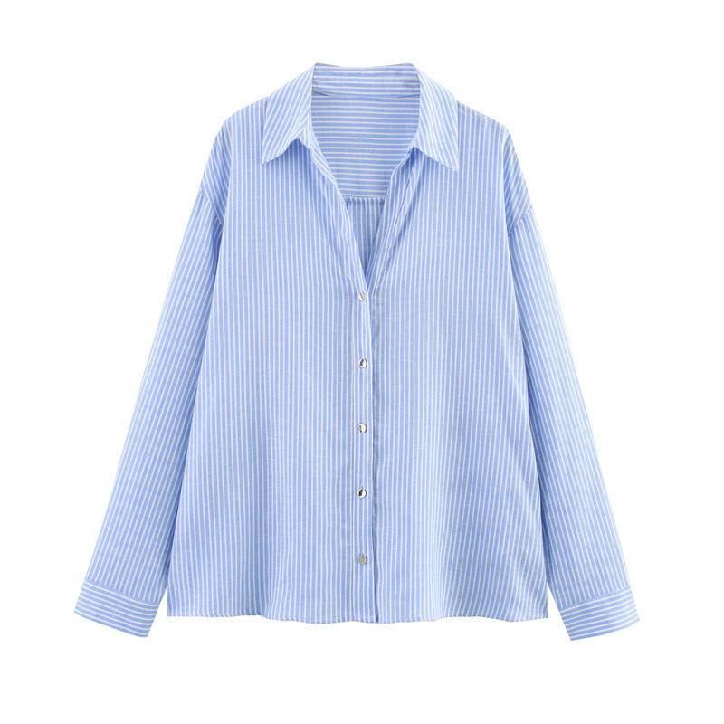 1116 Spring New Wholesale Women's Clothing European and American Fashion Linen Blended Striped Shirt Women's 1886919