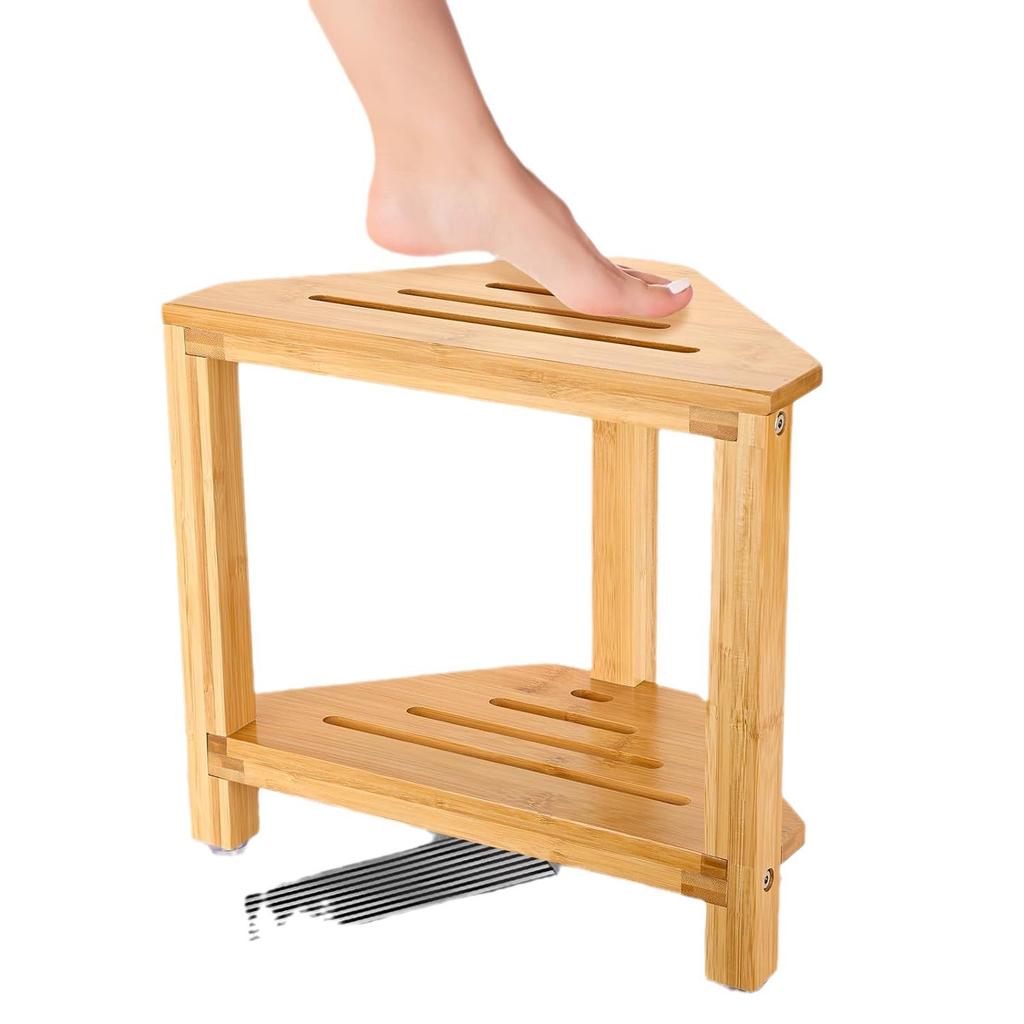 2-Tier Bamboo Bathroom Stool - Solid Wood Non-Slip Shoe Stool & Bath Seat, Multi-Purpose Household Shelf for Shower/Toilet