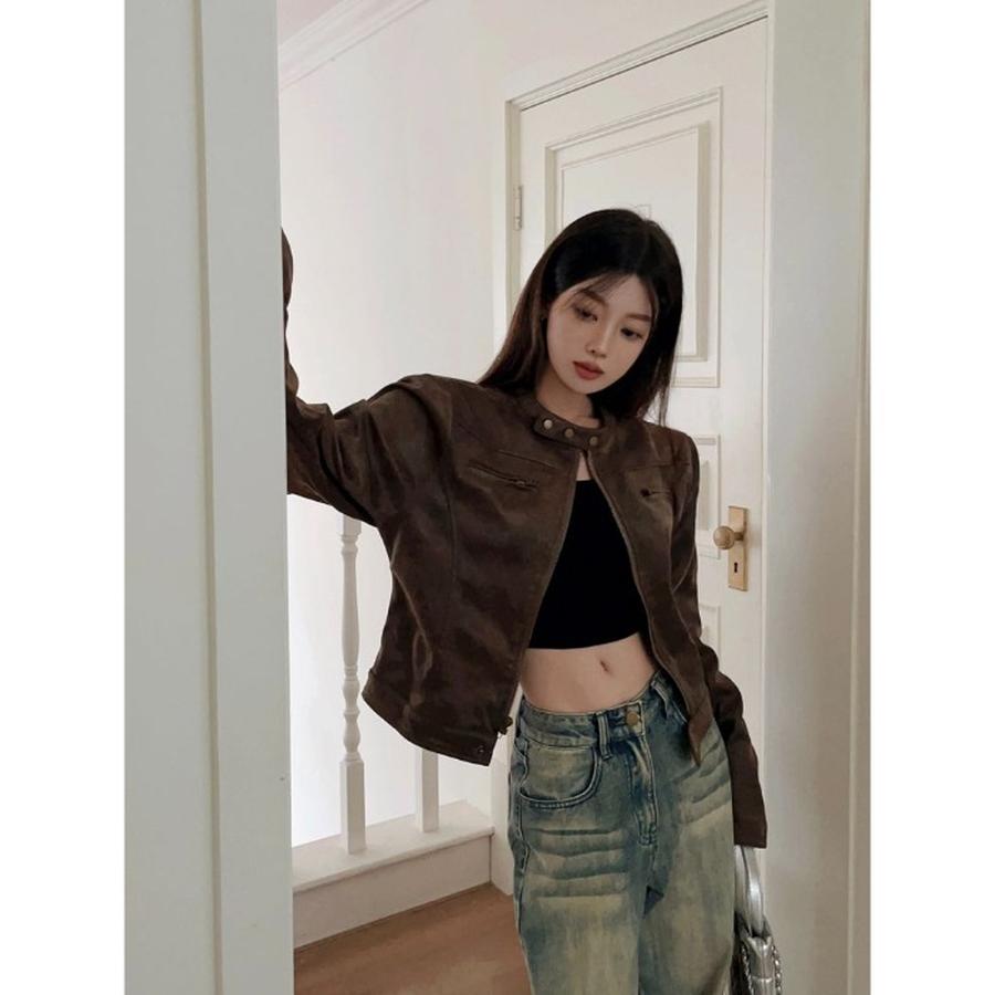 Винтажная Потертая Короткая Куртка Коричневого Цвета Женская Весенняя Новый Стиль Харадзюку Повседневная Кожаная Куртка из ПУ с Воротником-стойкой XL