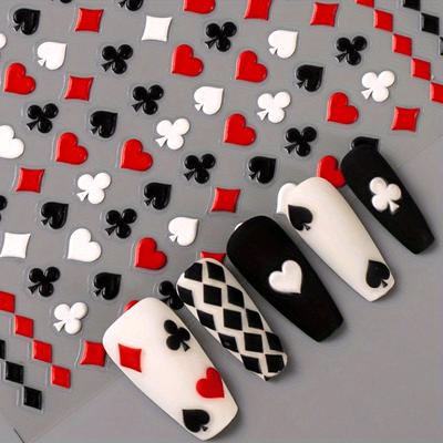 5D reliéfní černé červené pokerové samolepky na nehty v kresleném stylu, matné samolepicí obtisky se srdíčky, piky a na manikúru, jednorázové dekorace na nehty