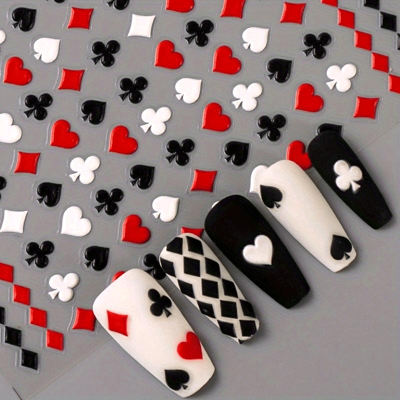 5D Embossed Black Red Poker Nail Stickers Cartoon-Style Matte Self-Adhesive Decals with Hearts Spades & for Manicures Disposable Nail Art Decorations