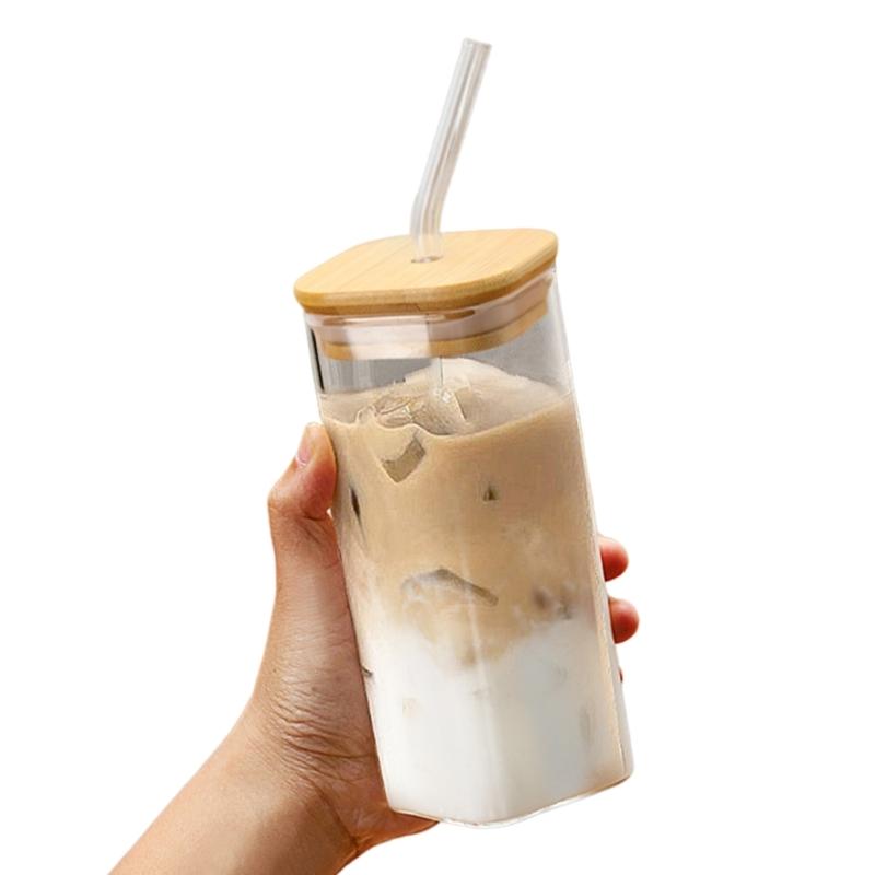 Heat Resistant Glass Cup with Straw 350ML Cold Drinks Cup Juice Cup Milk Cup with Lid Glass Texture Suitable for Drinks