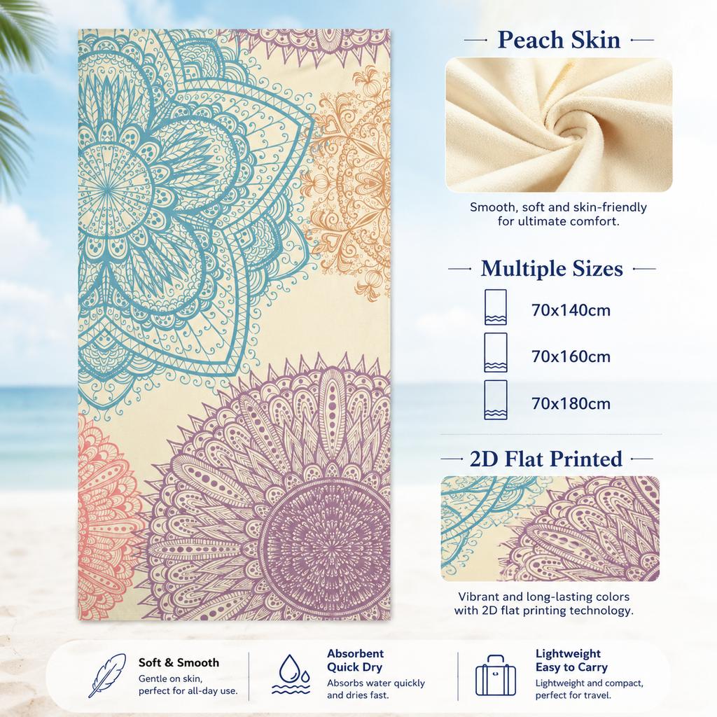 Mandala Bohemian Beach Towel 2D Flat Printed Peach Skin Bath Towel Sand Quick Dry Summer Travel Swim Pool Vacation Blanket