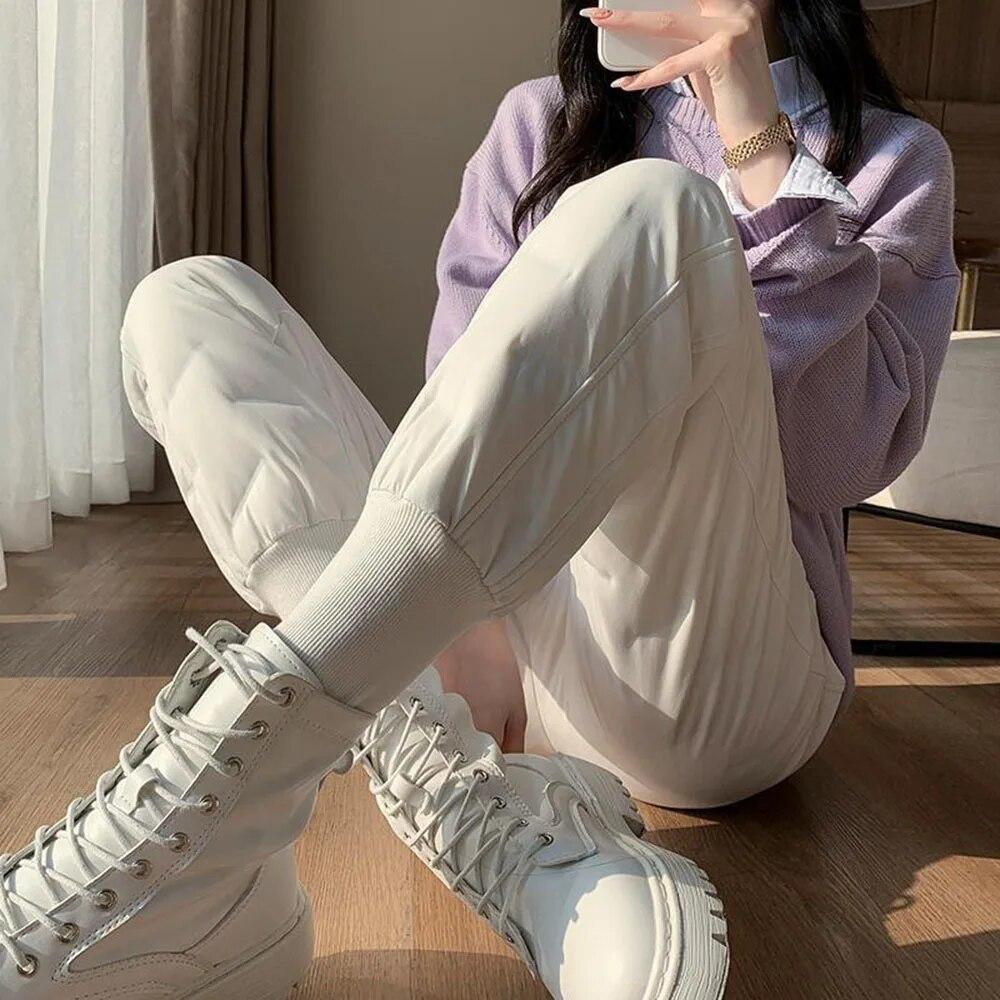 Autumn Cotton Trousers for Women's Snow Outerwear Winter High Waist Thick Casual Feet Harem Pants Warm Casual Pants