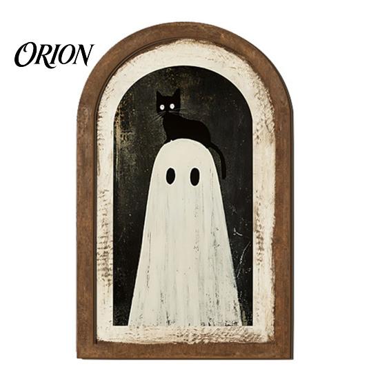 Halloween Spooky Decorative Sign Ghost Wall Decor, Cute Table Sign, Vintage Arch Framed Fall Season Accent Picture, Art for Mantel Living Room Bedroom