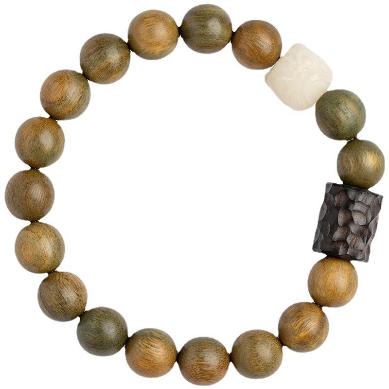 Natural Green Sandalwood Buddha Lion Wood Carving Black Ebony Cool Touch Bracelet Couple Vintage Style
