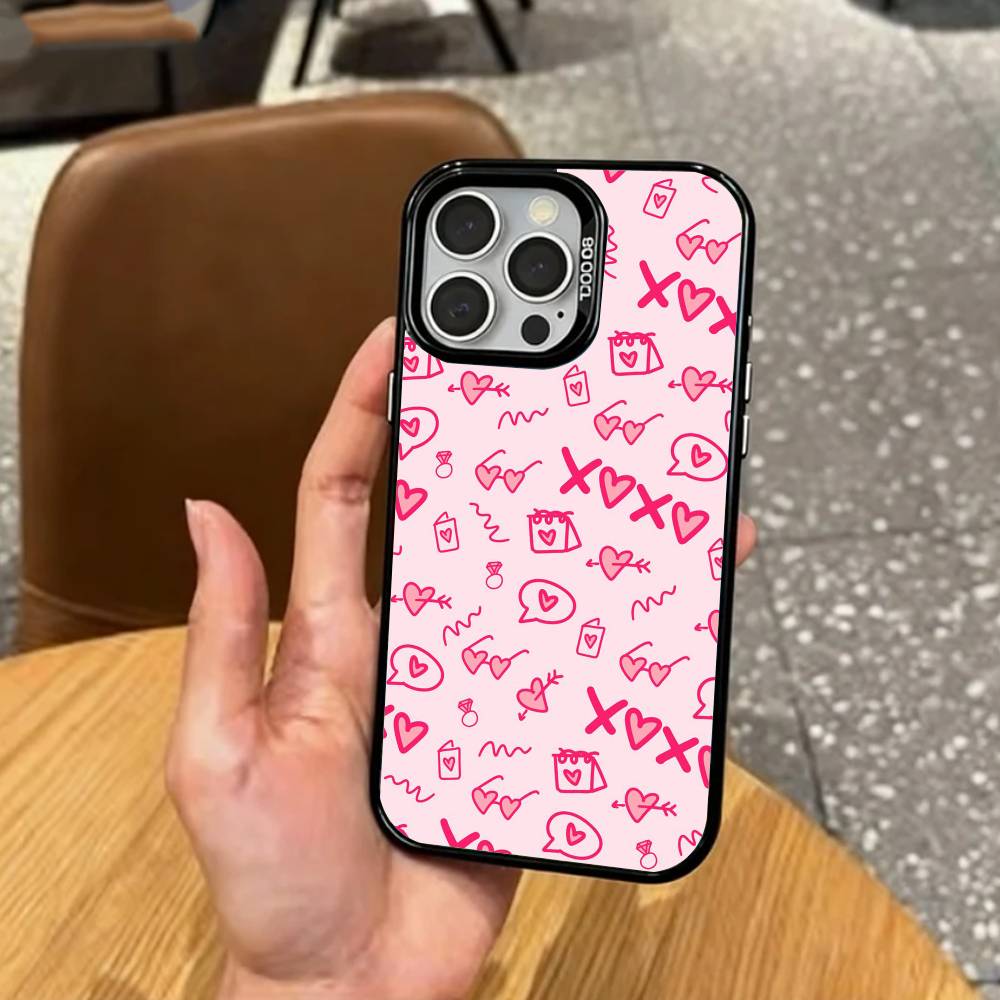 C-Cute P-Pink Love Heart   Phone Case For iPhone17,16,15,14,13,12,11 Plus,Pro Max Colored Silver Plated Inside Cover