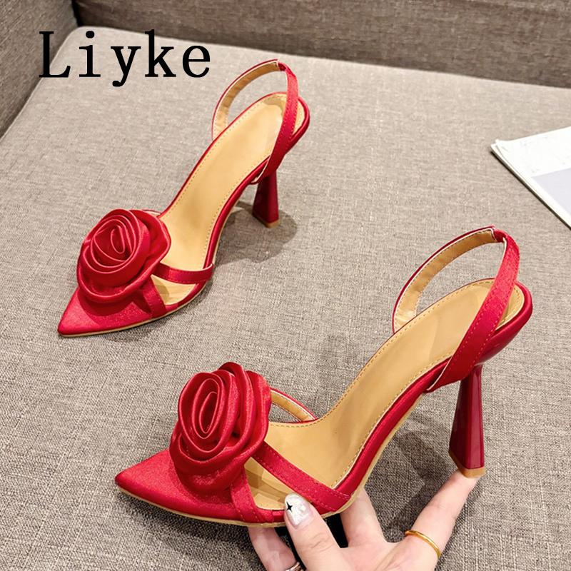 Fashion Liyke Sexy Slingback Sandals Women Summer Fashion Rose Flowers Pointed Open Toe Back Strap High Heels Party Dress Shoes Size 41