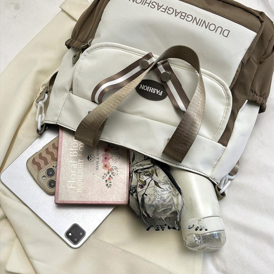 Japanese Style Color Block Canvas Tote Bag for Students, Large Capacity Book Shoulder Bag with Handles, Casual School Commute Handbag