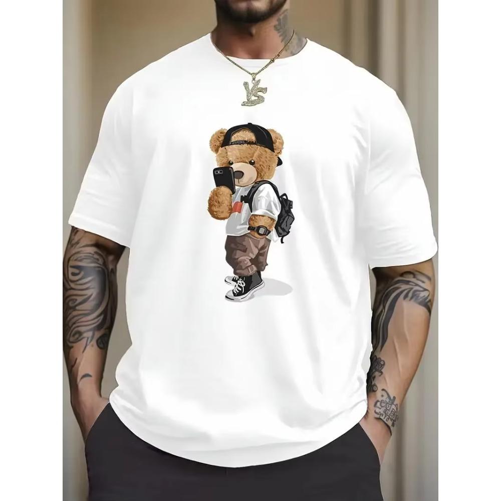 Cartoon Teddy Bear Print Men's Graphic Design Crew Neck Cotton T-Shirt Comfort T-Shirt, Everyday Resort Men's Clothing Top