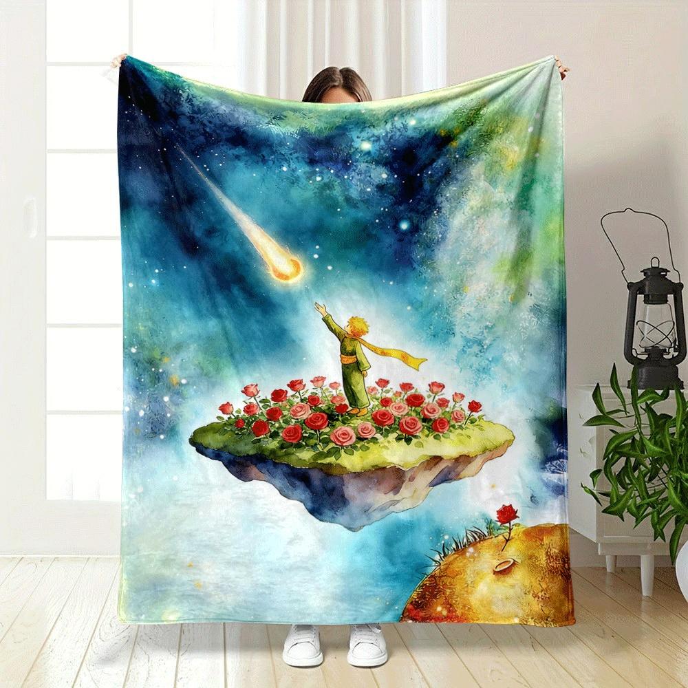 A small figure, roses, and shooting star on floating islands in cosmic glow. for all seasons blanket lunch break throw gift
