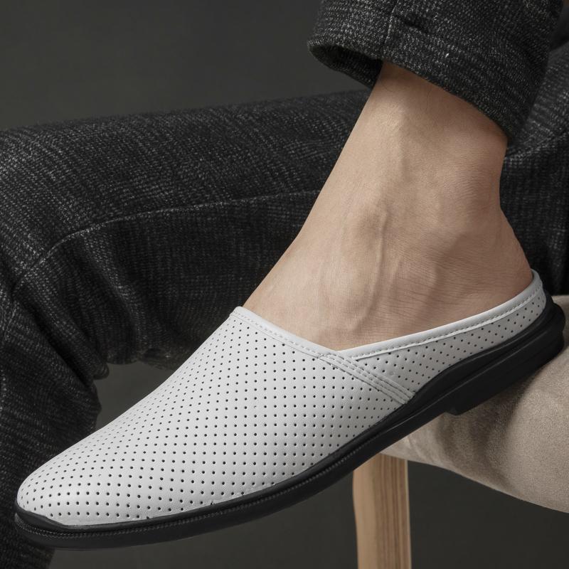 High Quality Half Shoes For Men Casual Hollow Breathable Summer Slippers Genuine Leather Mens Shoes Slip-On Flip Flops Loafers