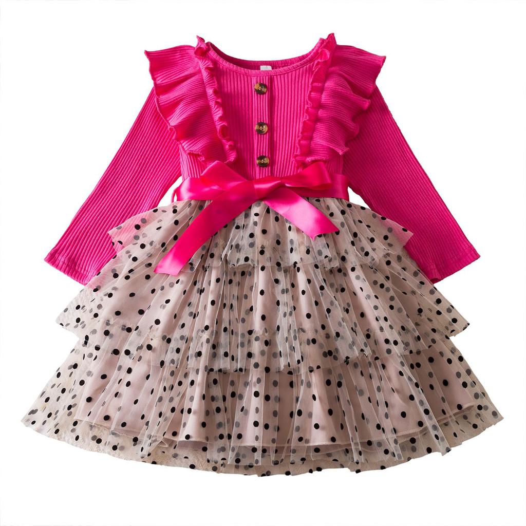 Dívčí Móda Roztomilé Šaty Princezny s Mašlí s Dlouhým Rukávem Puntíkované Síťované Dortové Šaty Šaty