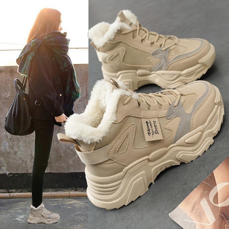 Women's shoes, winter velvet thickened cotton shoes, platform-soled high-top sports warm snow boots