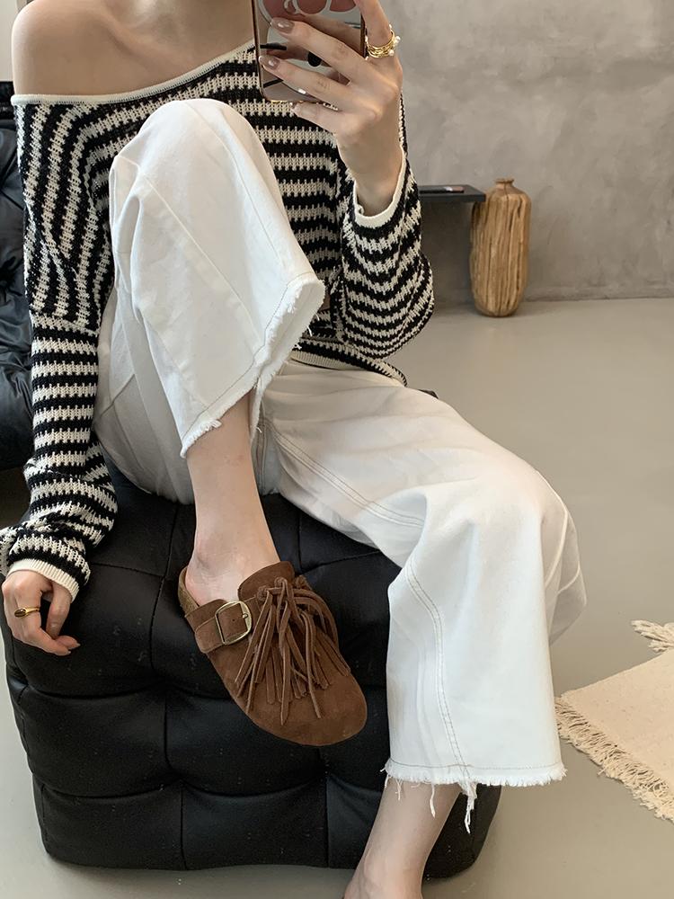 Fashion Genuine Leather Tassel Baotou Half Slippers Women Clogs Cork Insole Sandals With Arch Support Outdoor Beach Slides Home Shoes