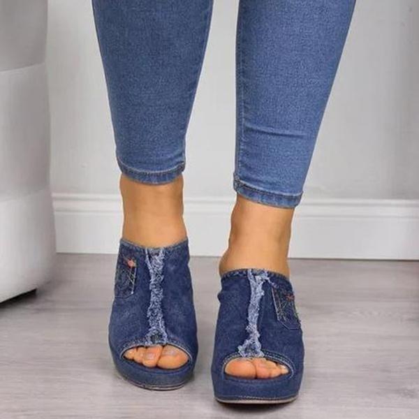 Sandali da Donna in Denim Pantofole Sandali con Zeppa Estivi Donna Bocca di Pesce Zeppe con Tacco Alto