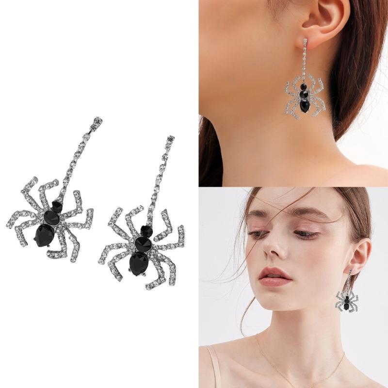Halloween Jewelry Black Cubic Rhinestones Dangle Spiders Earrings For Women Girl