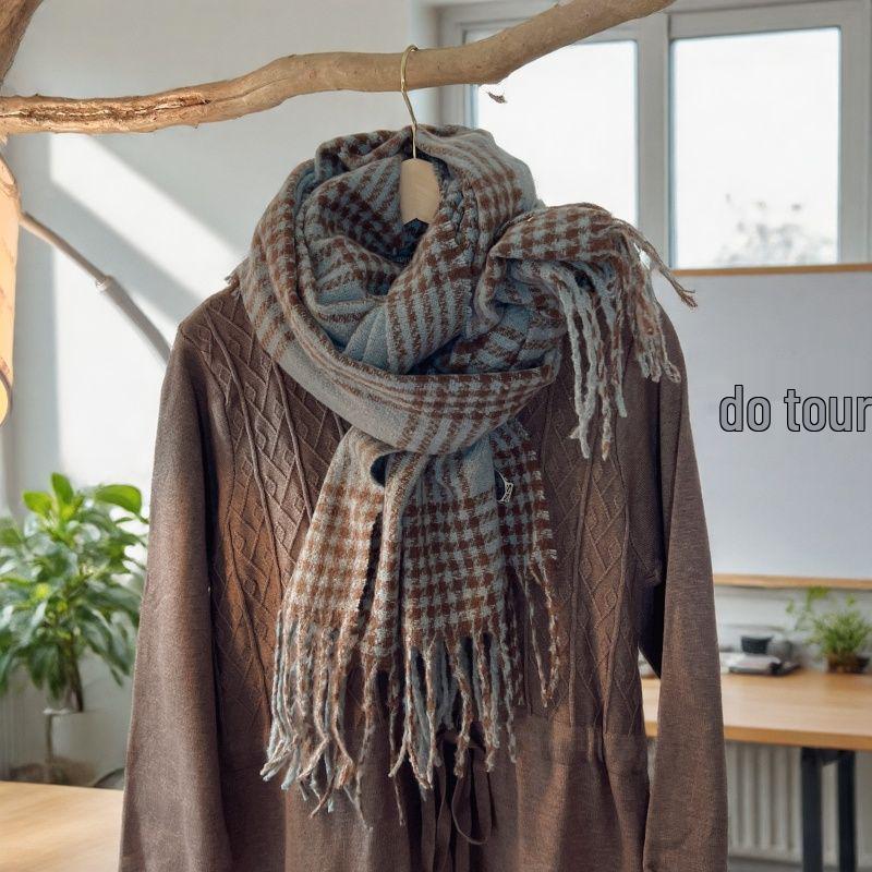 Blue Plaid Tassel Scarf: Versatile Warm Neck Warmer for Women & Couples - Autumn/Winter 2025